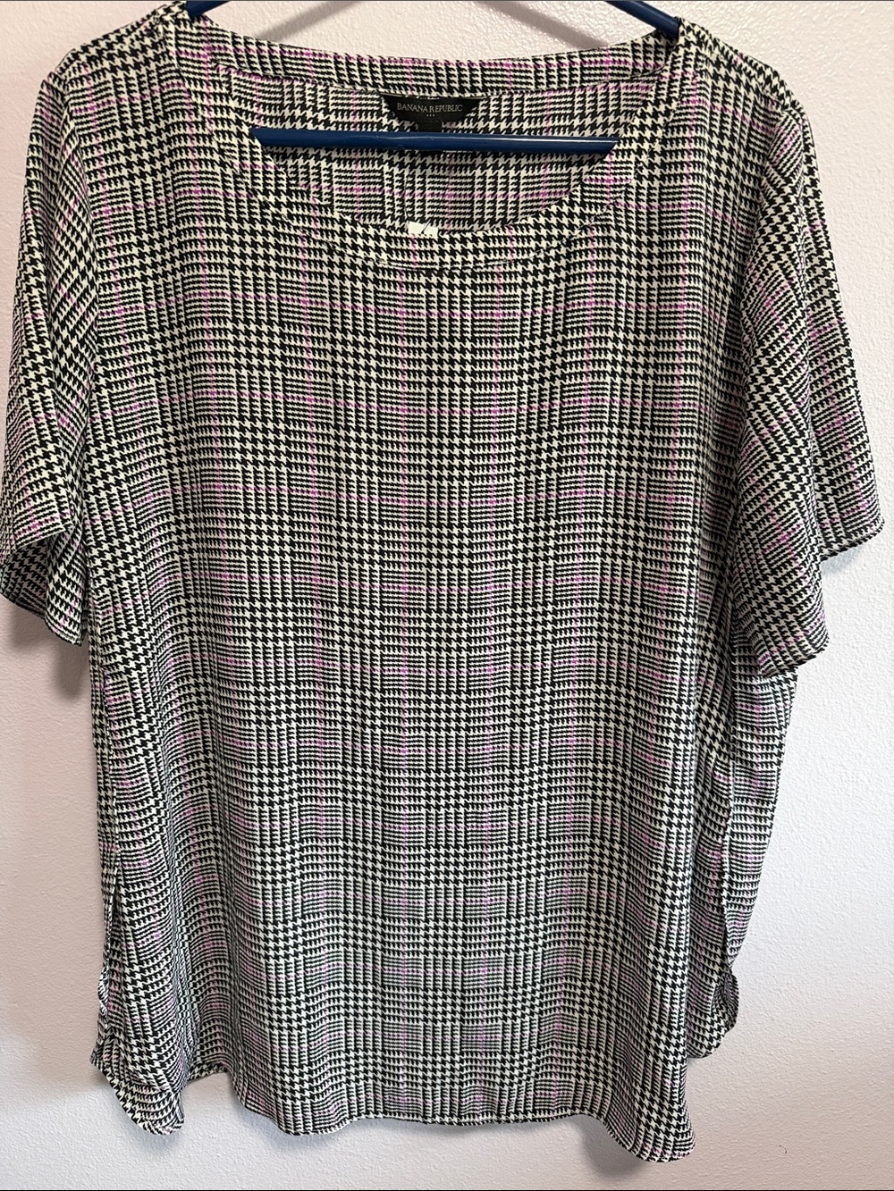 Banana Republic Black and White Plaid Blouse with Pink Accents
